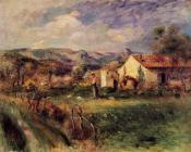 皮埃尔 奥古斯特 雷诺阿 : Young Woman Standing near a Farmhouse in Milly